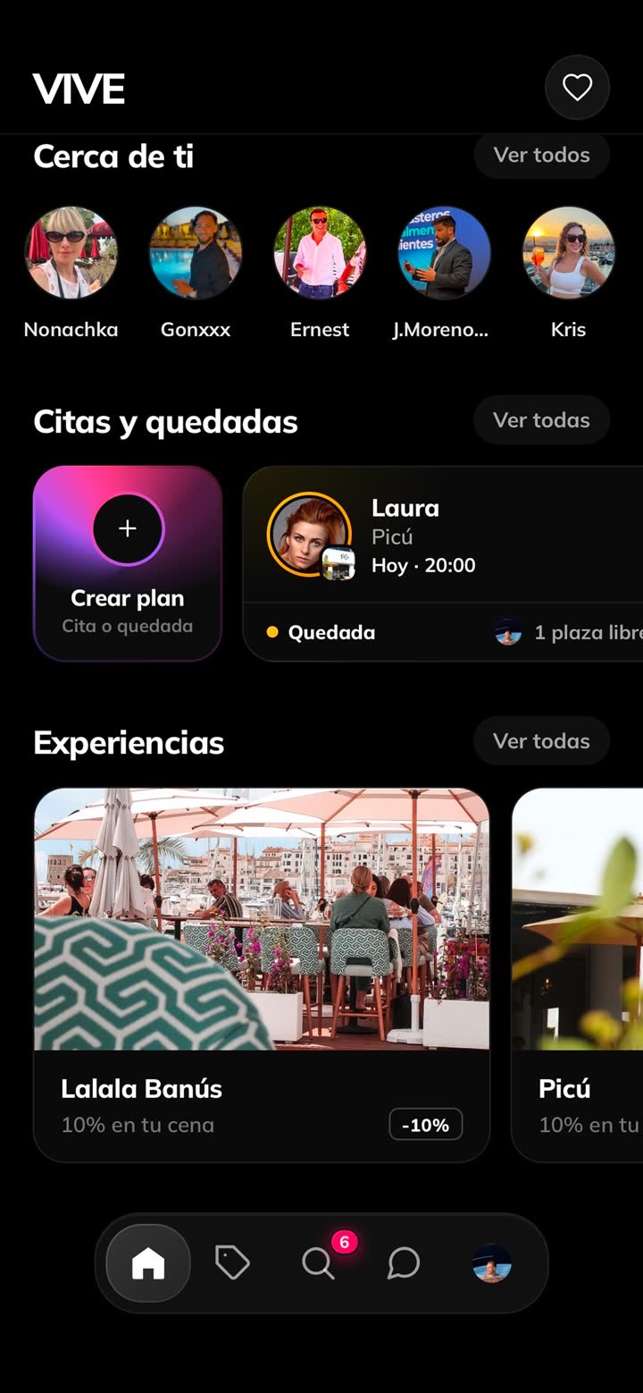 Inicio de VIVE con Cerca de ti, citas y quedadas y experiencias